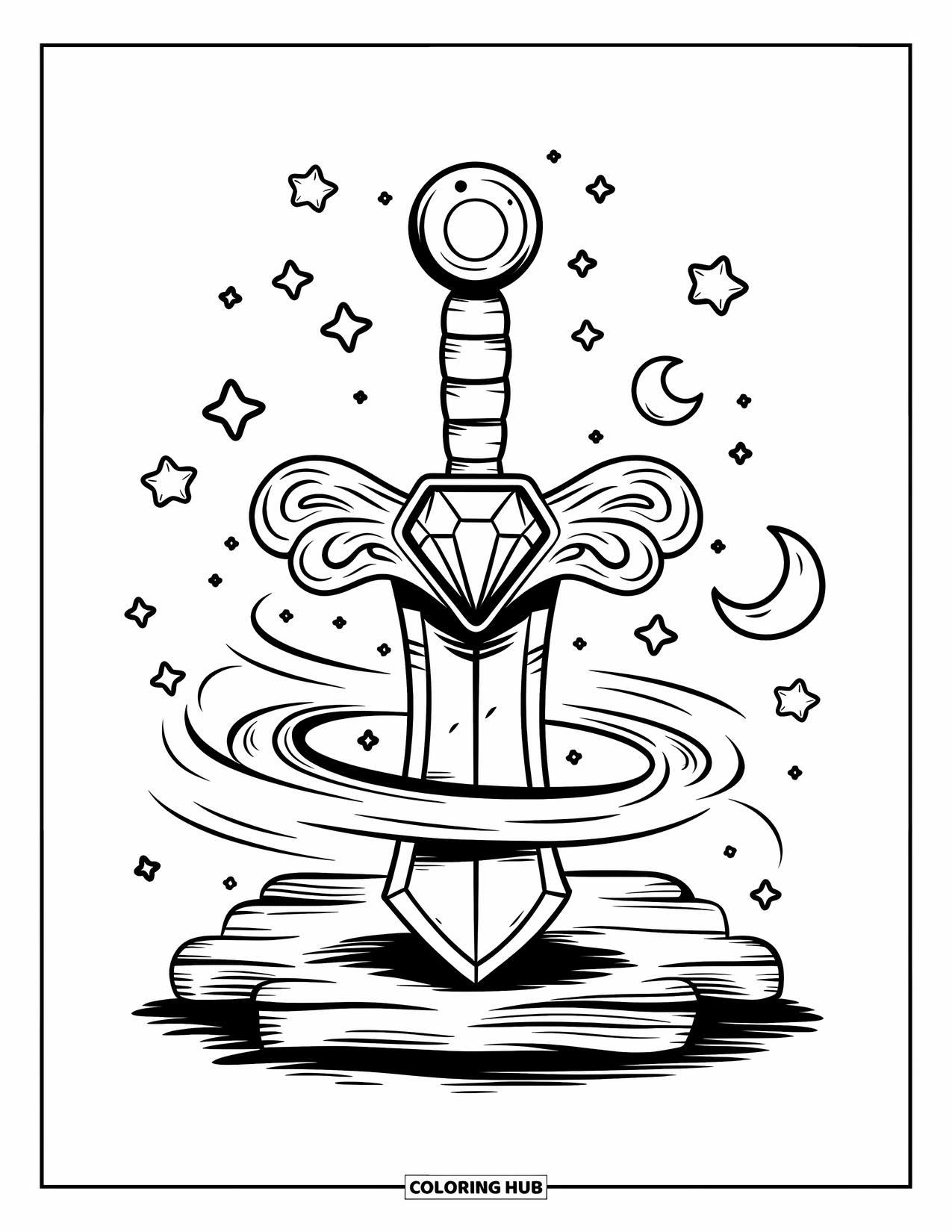 Sword Coloring Page for Adults: A fantasy sword with a large gemstone in the hilt, surrounded by stars, moons, and magic swirls