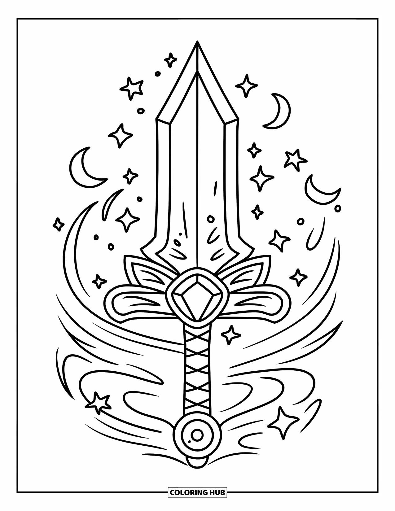 Sword Coloring Page for Adults: A fantasy sword with an oversized gemstone in the hilt, surrounded by stars and swirling magic