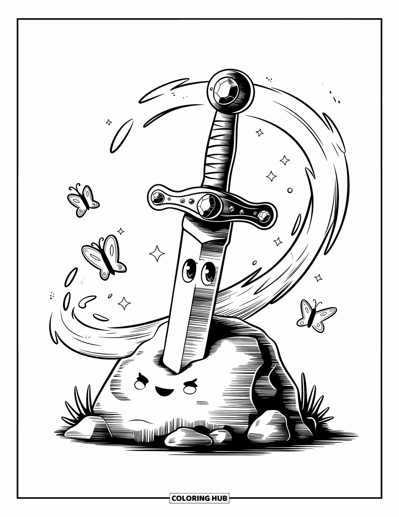 Desenho de Espada para Colorir para Adultos: Uma espada encantada amigável usando uma pequena coroa, apoiada em uma rocha com brilhos e névoa