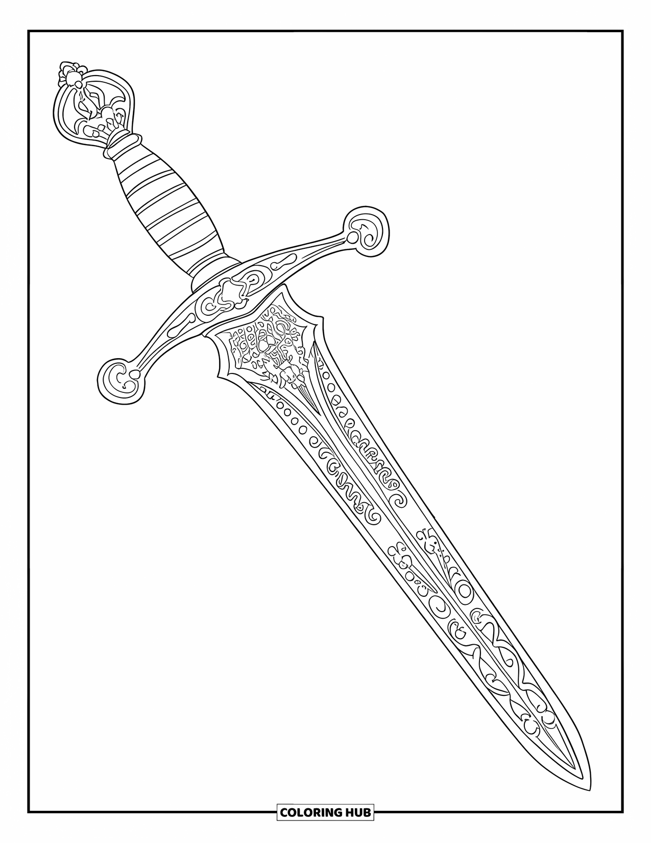 Sword Coloring Page for Adults: A highly detailed medieval longsword with artistic engravings, designed for a relaxing coloring experience