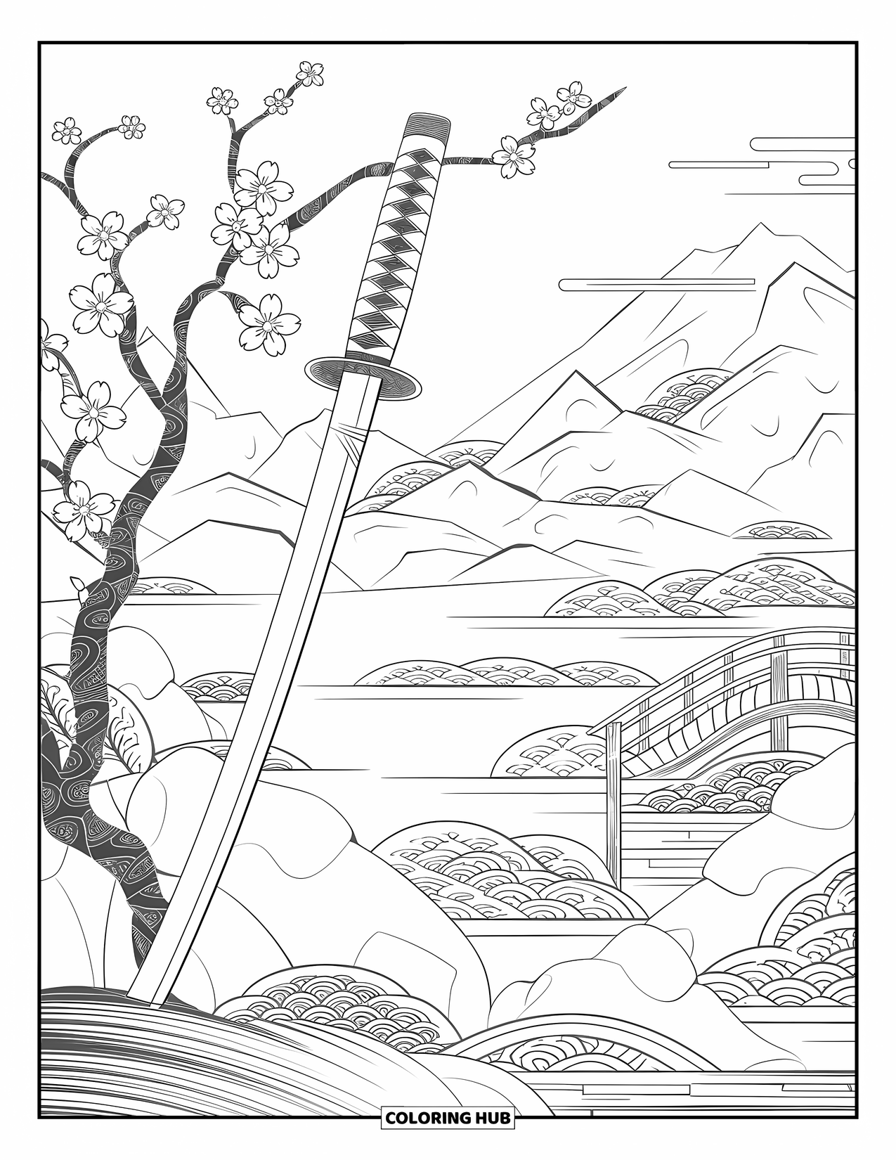 Sword Coloring Page for Adults: A katana leaning against a cherry tree, set in a tranquil landscape with a bridge and lake