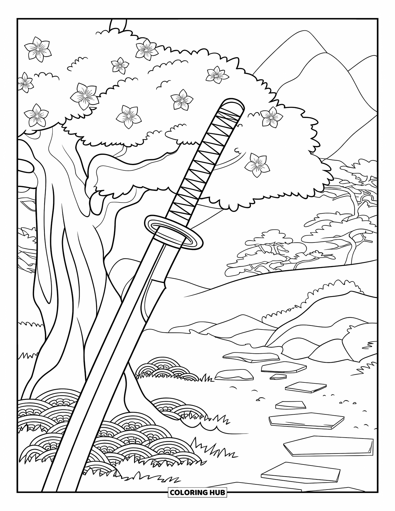 Sword Coloring Page for Adults: A katana resting on a cherry tree in full bloom, surrounded by a peaceful garden