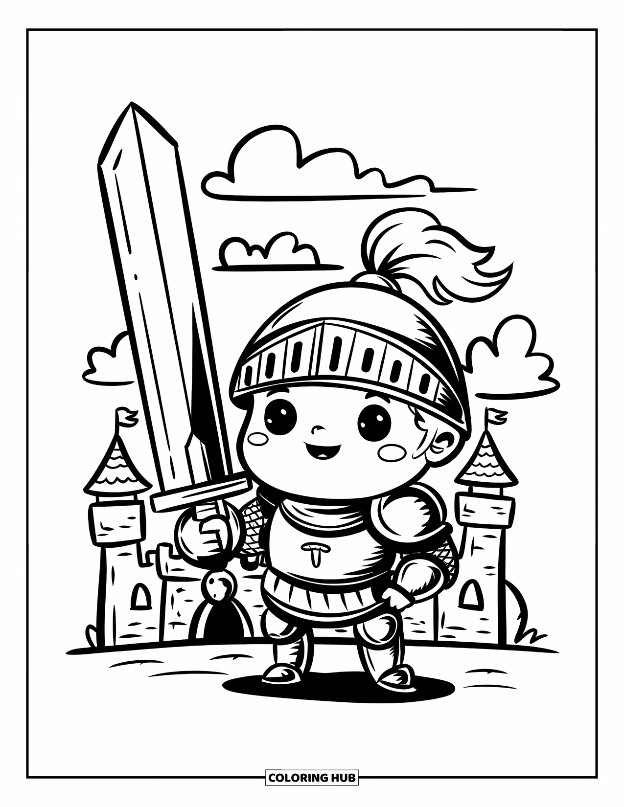 Sword Coloring Page for Adults: A kawaii baby knight in big armor, holding a giant sword, with a tiny castle in the background