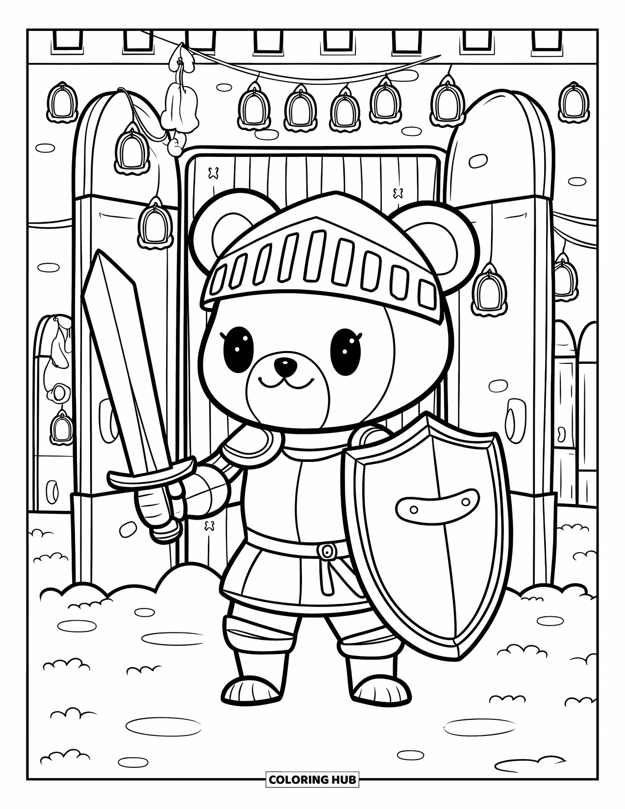 Sword Coloring Page for Adults: A kawaii knight bear standing in front of a castle door, decorated with banners and lanterns