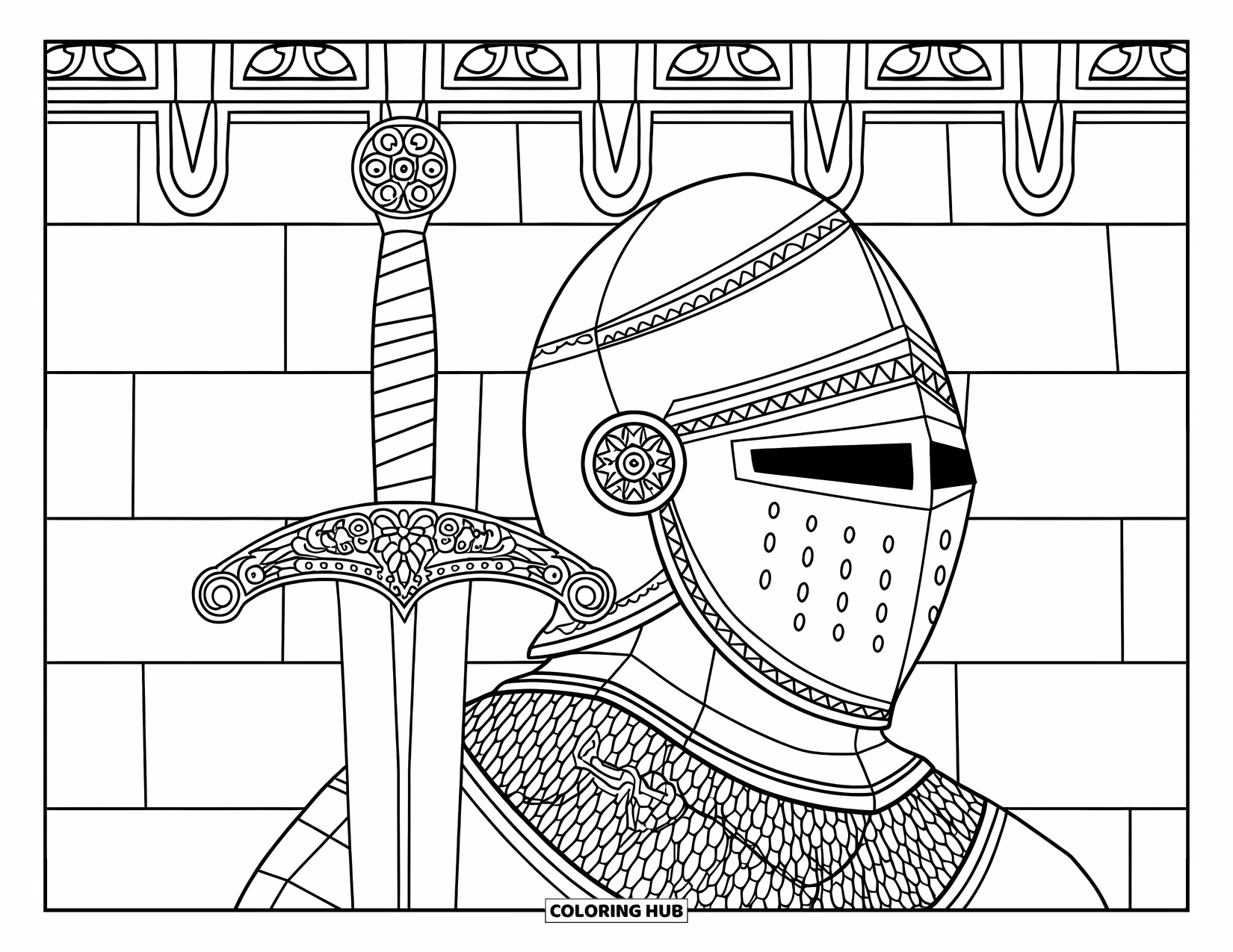 Sword Coloring Page for Adults: A knight's helmet with a detailed sword resting against it, with a castle wall in the background