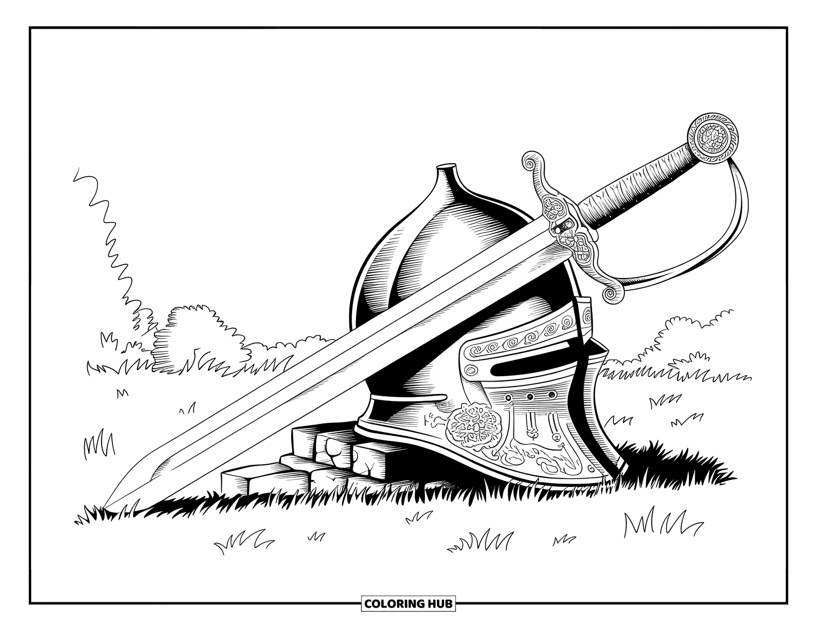 Sword Coloring Page for Adults: A knight's helmet with an ornate sword leaning against it, set in a grassy field with trees