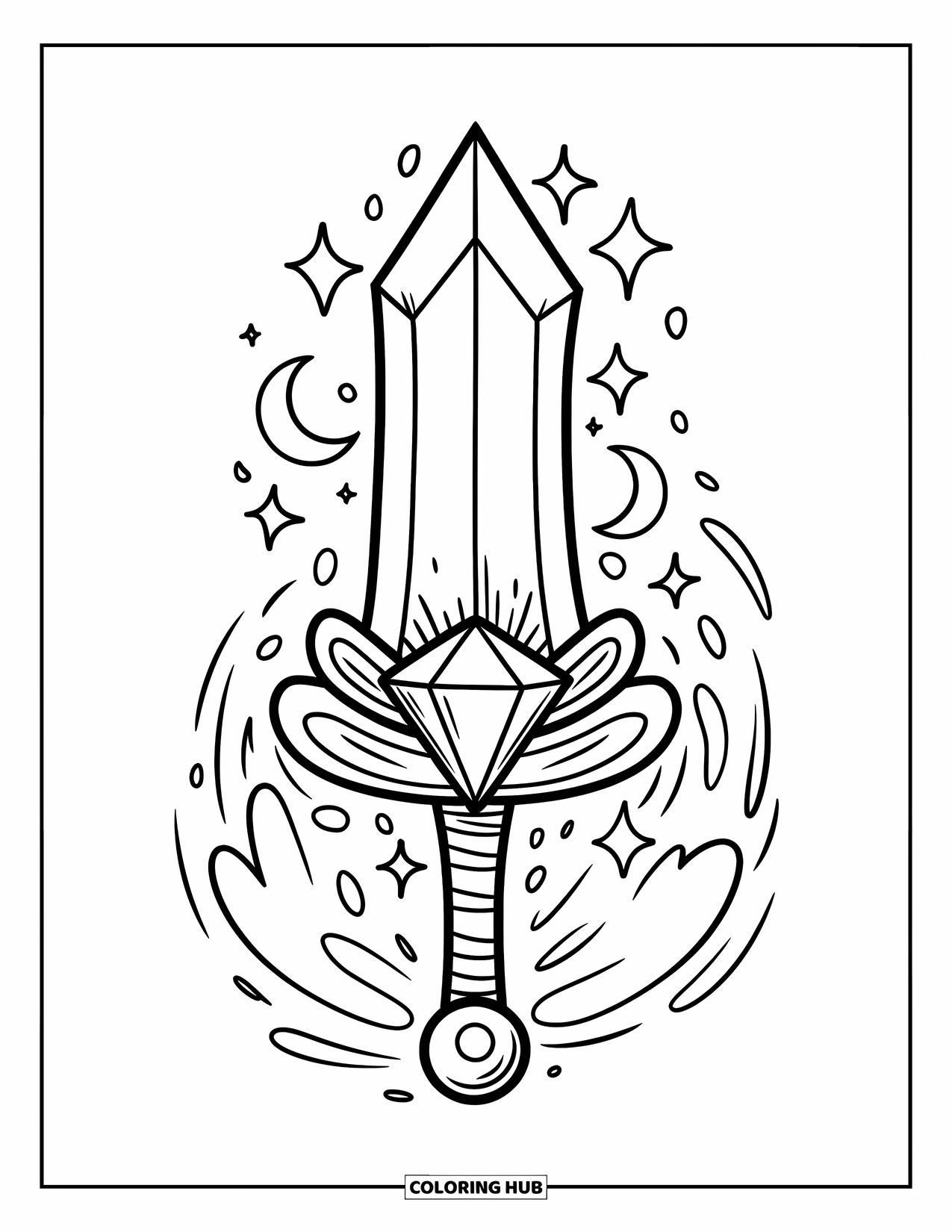 Sword Coloring Page for Adults: A magical sword with a glowing gemstone, crescent moons, and floating sparkles around the blade
