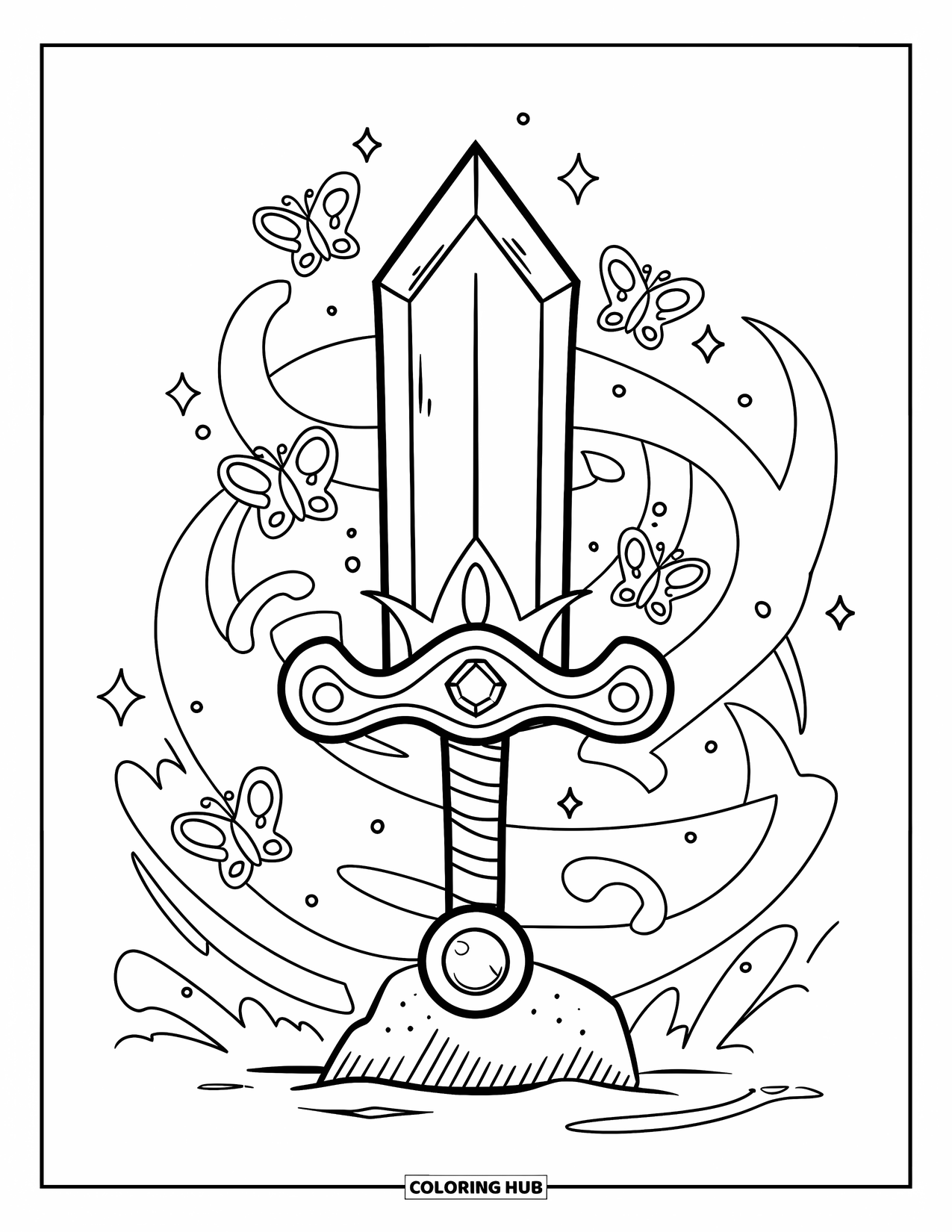 Sword Coloring Page for Adults: A magical sword with a happy face and a crown, surrounded by floating butterflies and mist
