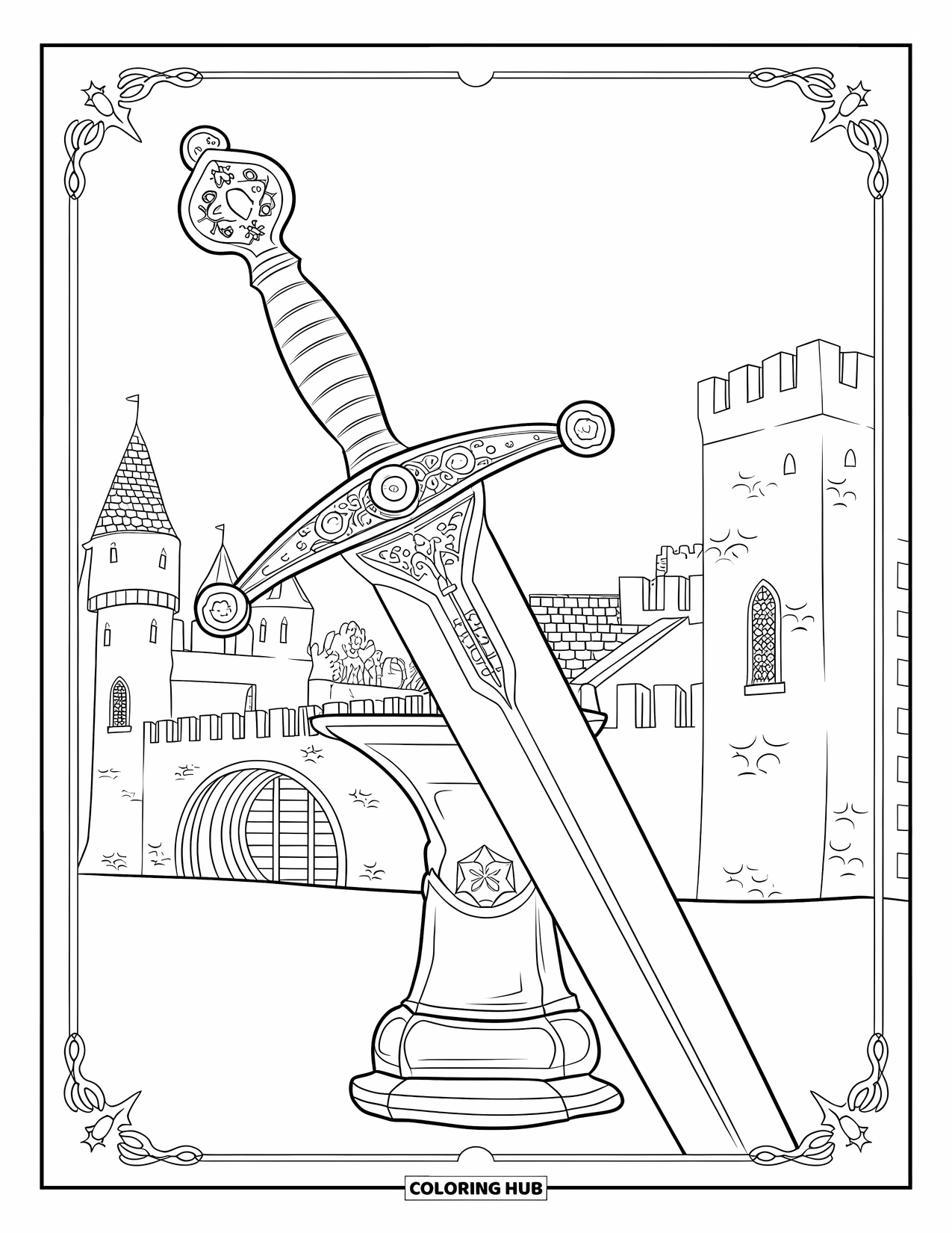Sword Coloring Page for Adults: A medieval longsword resting on a stone pedestal, with a grand castle in the background