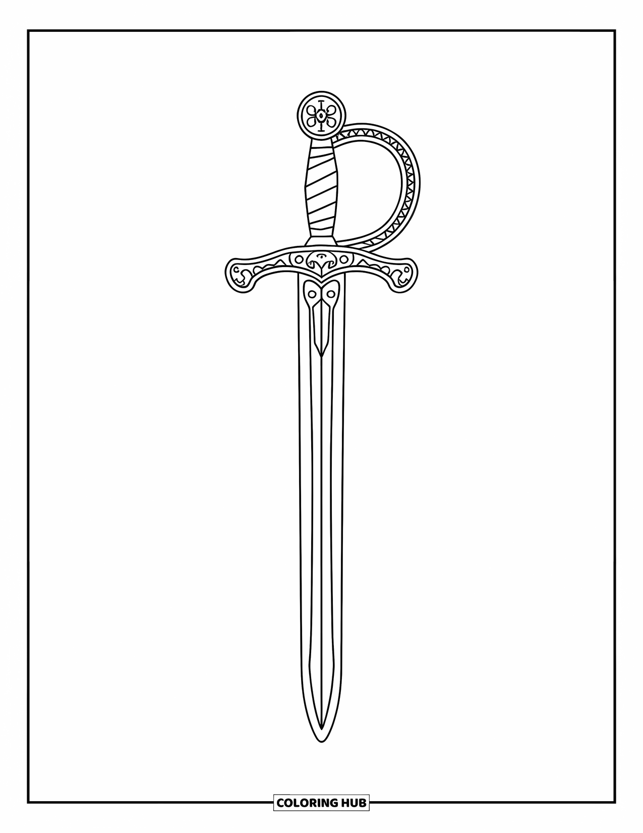 Sword Coloring Page for Adults: A medieval longsword with an ornate handle and engravings, placed on a simple background