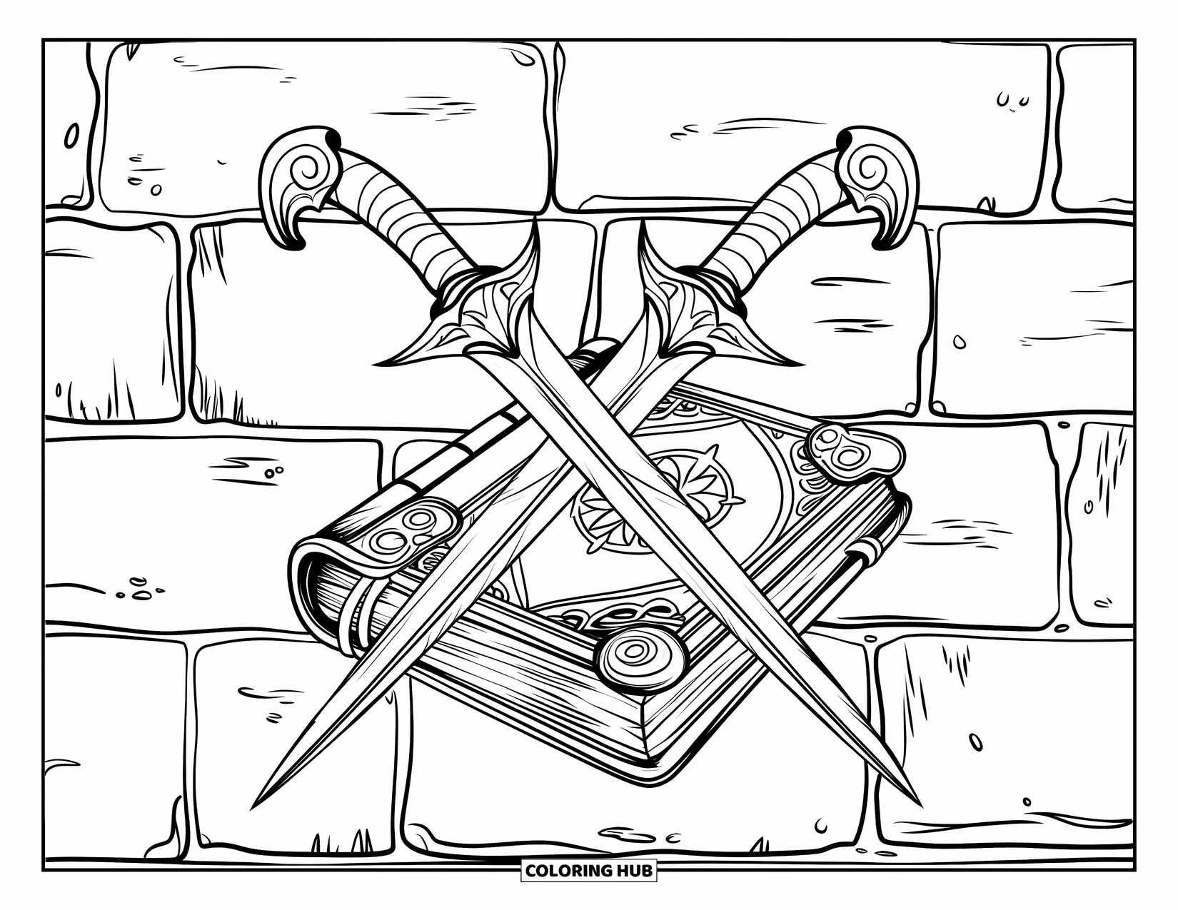 Sword Coloring Page for Adults: A mystical twin-bladed weapon resting on a spellbook against a textured stone wall