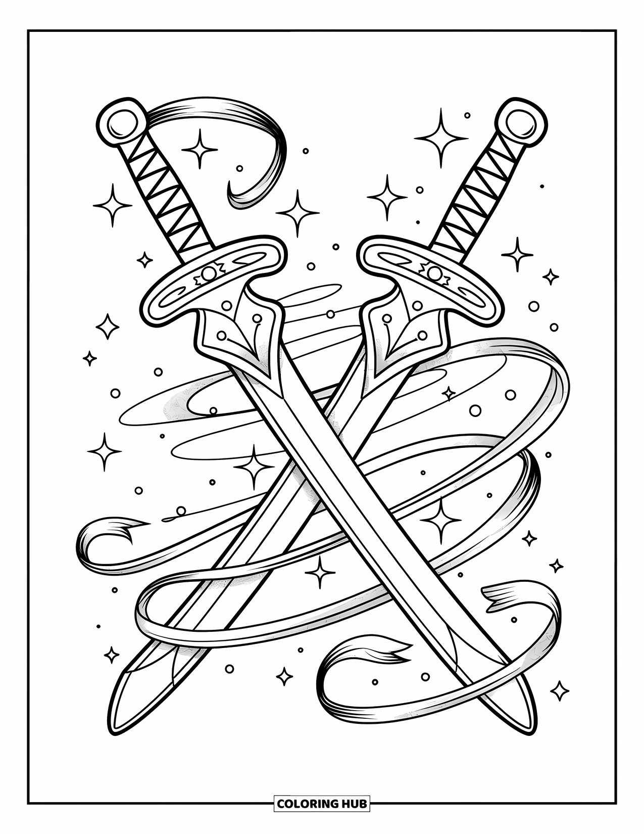Sword Coloring Page for Adults: A pair of small, enchanted swords decorated with ribbons, floating with a magical aura