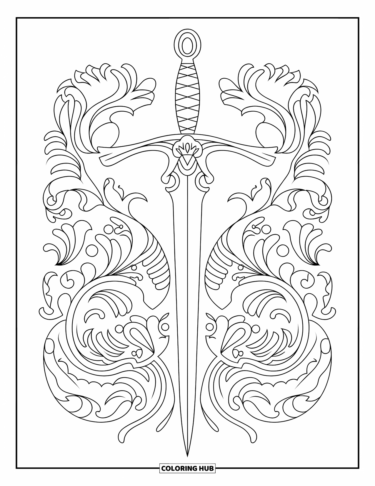 Sword Coloring Page for Adults: A rapier with detailed vine and floral patterns, providing a relaxing and intricate coloring experience