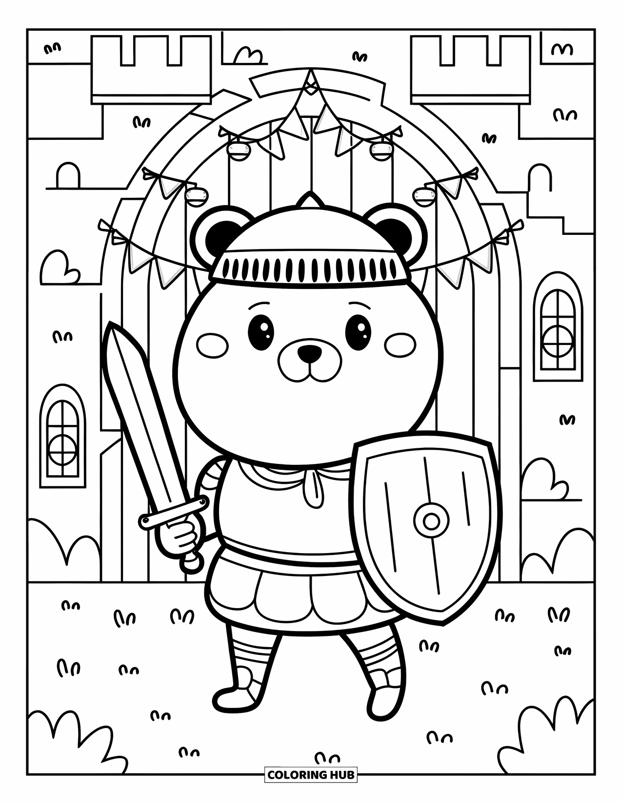 Sword Coloring Page for Adults: A round bear cub knight holding a sword and shield, standing before a castle with turrets