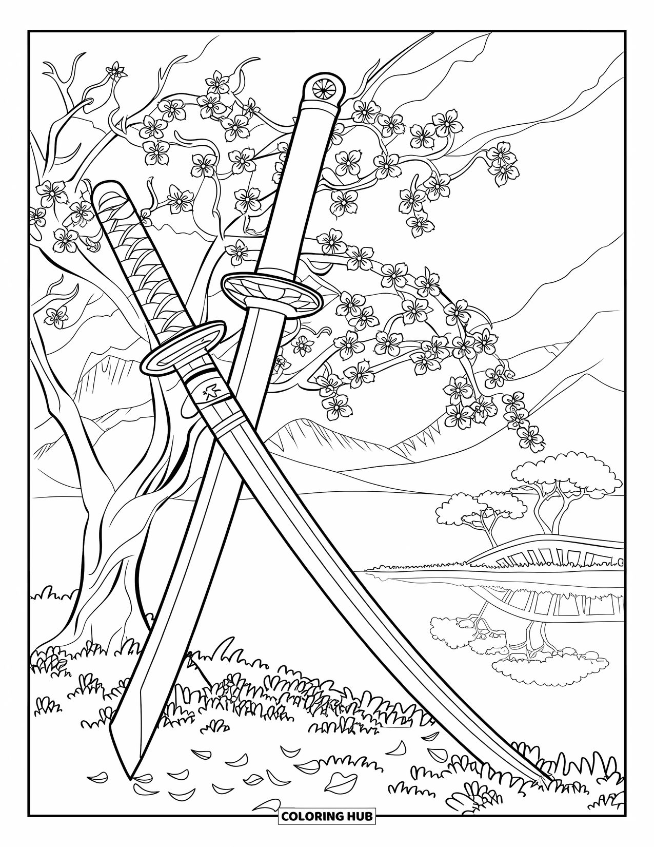 Sword Coloring Page for Adults: A samurai katana with a wrapped handle leaning against a blossoming cherry tree in a serene landscape
