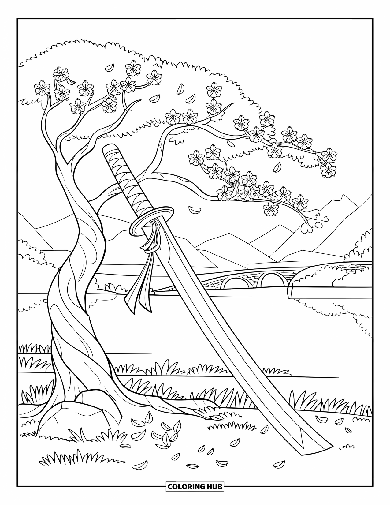 Sword Coloring Page for Adults: A samurai sword against a blossoming cherry tree, with mountains and a calm lake in the background