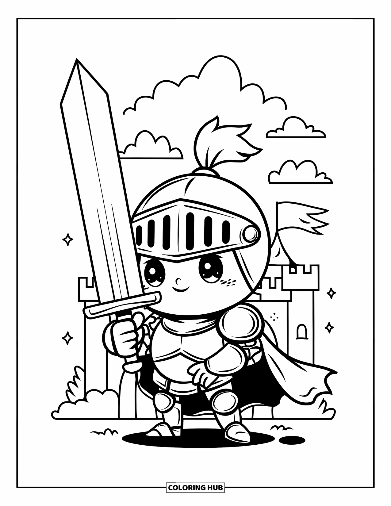 Sword Coloring Page for Adults: A small baby knight with a huge sword, standing proudly with fluffy clouds above a castle