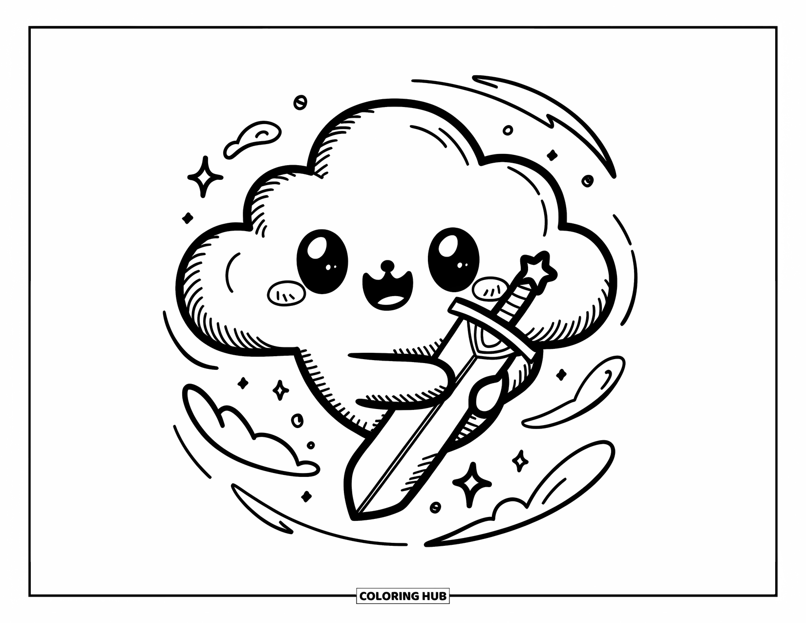 Sword Coloring Page for Adults: A smiling cloud with a tiny sword, floating in a sky filled with sparkles and air swirls