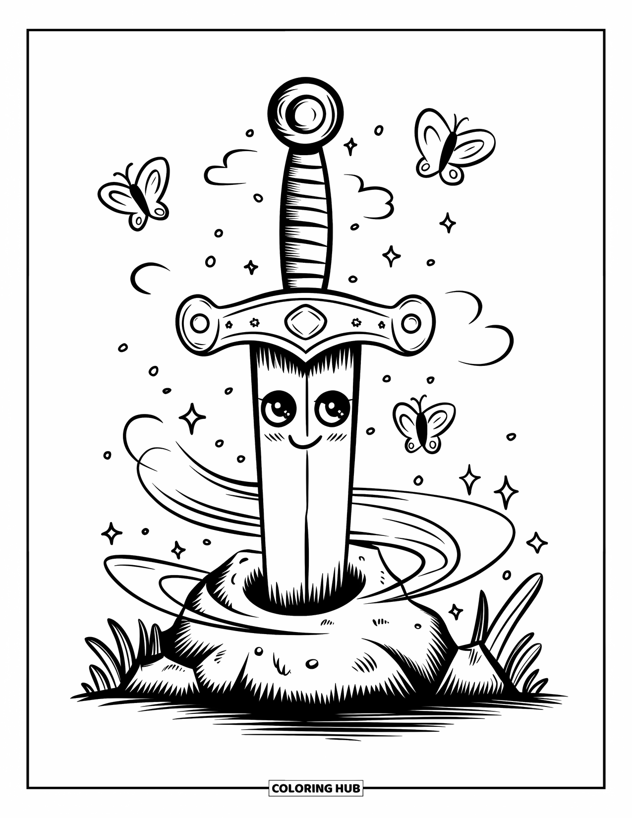 Sword Coloring Page for Adults: A smiling enchanted sword with gemstone eyes and a tiny crown, resting on a rock with magic mist