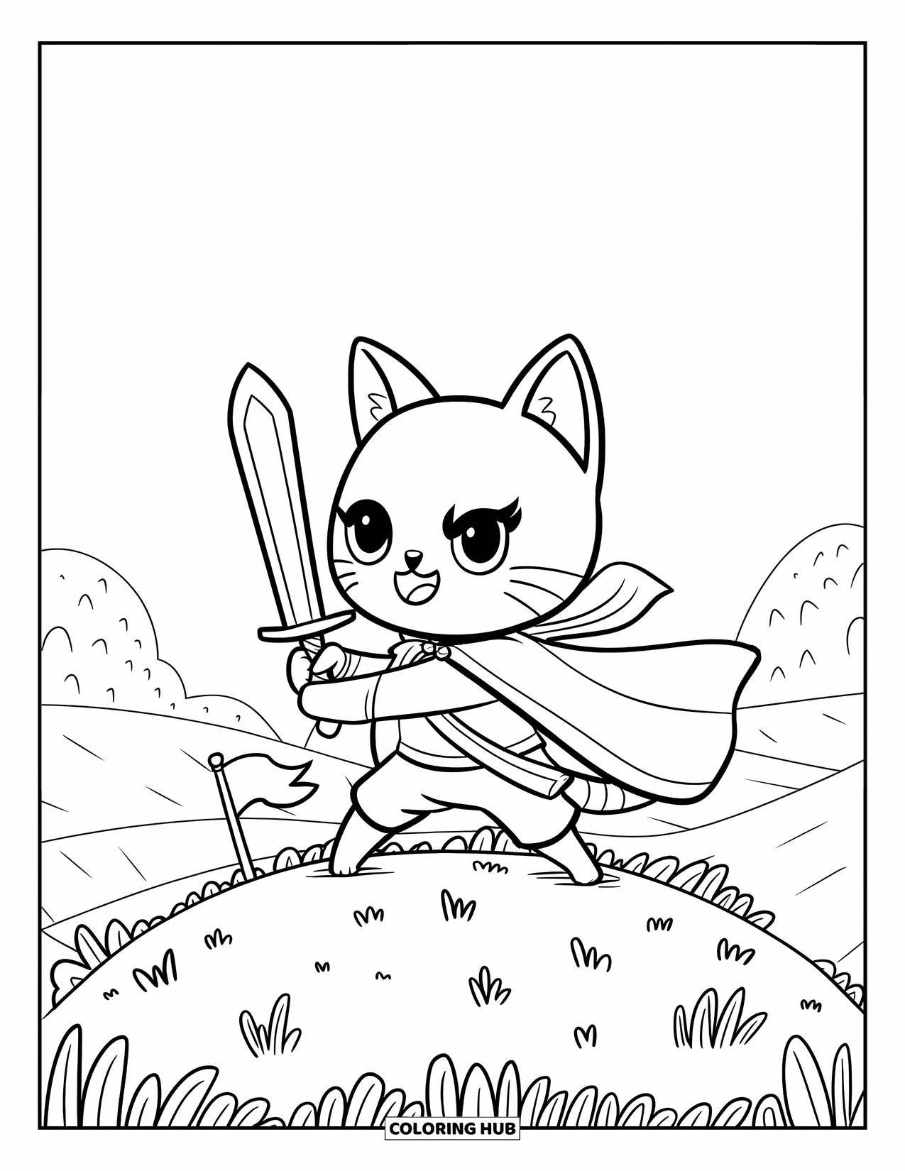 Sword Coloring Page for Adults: A tiny warrior cat with a sword and cape, standing on a grassy hill under a clear sky