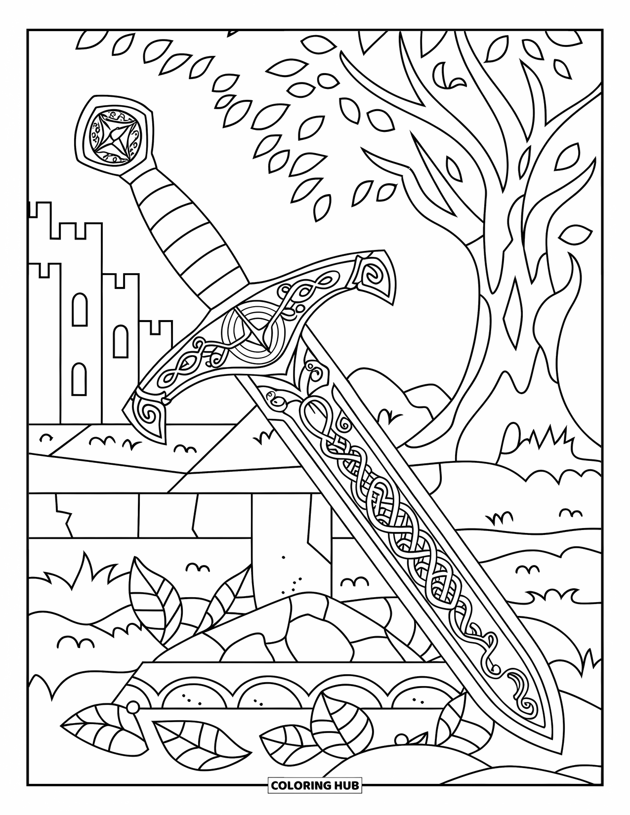Sword Coloring Page for Adults: A Viking sword resting on a stone base, with a castle and tree in the background