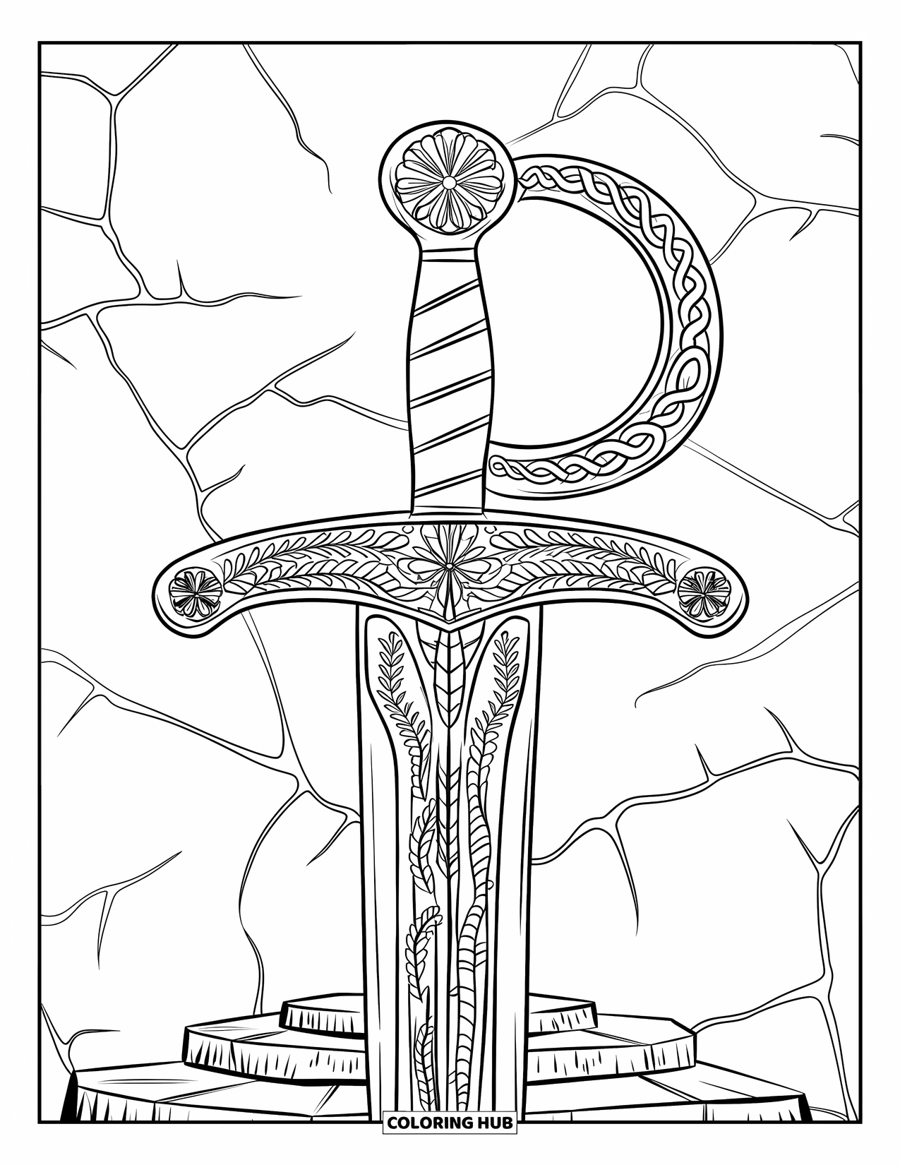 Sword Coloring Page for Adults: A Viking sword with intricate carvings placed on a stone pedestal with floral engravings