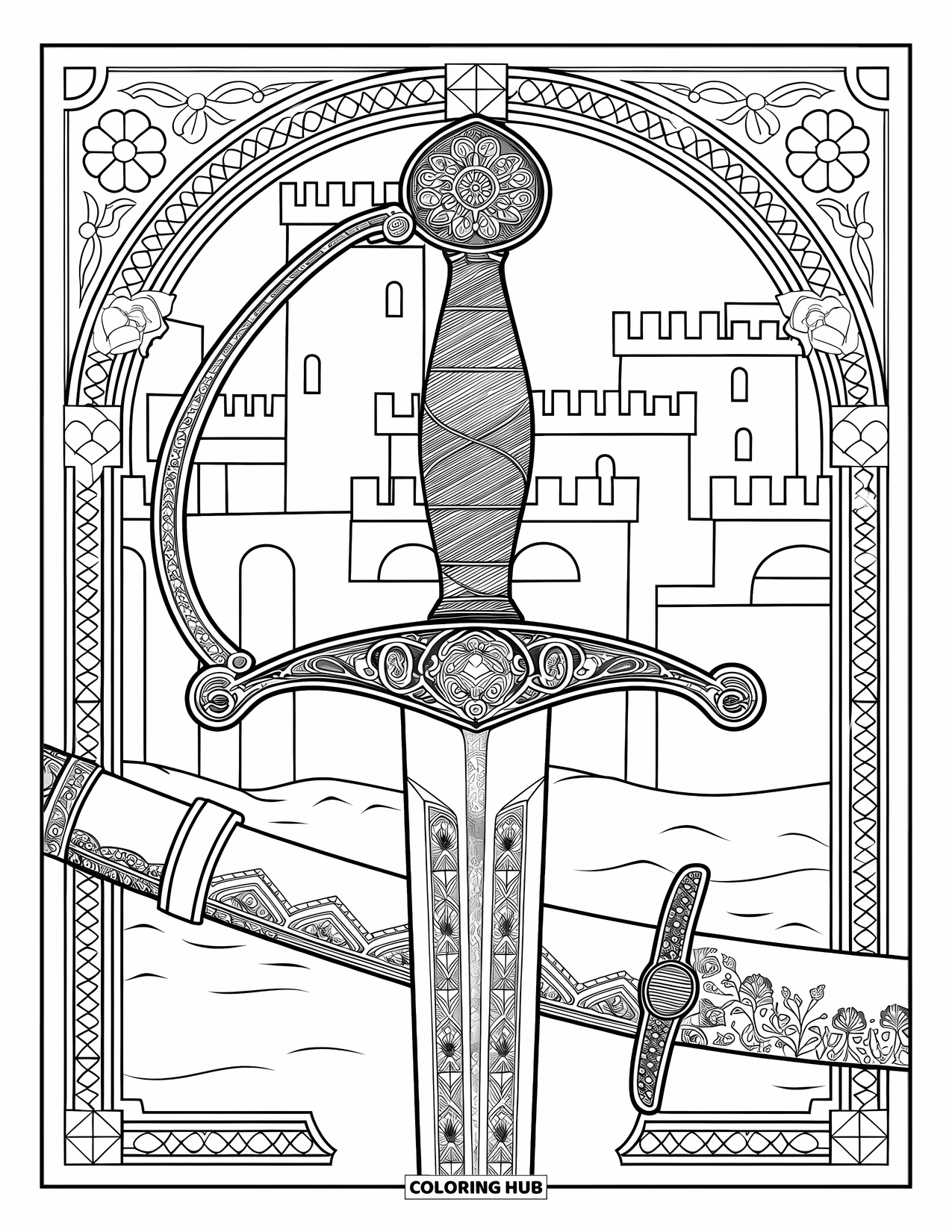 Sword Coloring Page for Adults: An intricate medieval longsword in a sheath, set against a castle with towers and arches