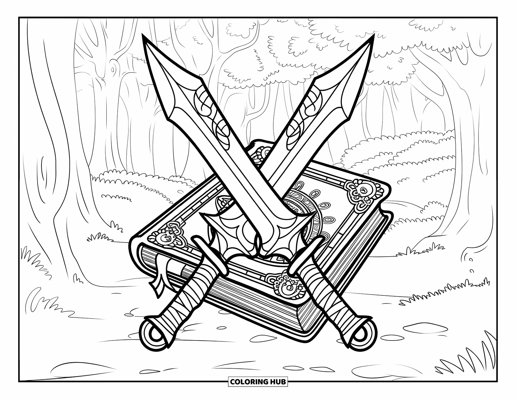 Sword Coloring Page for Adults: An intricate twin-bladed weapon placed over a leather-bound spellbook in an enchanted forest