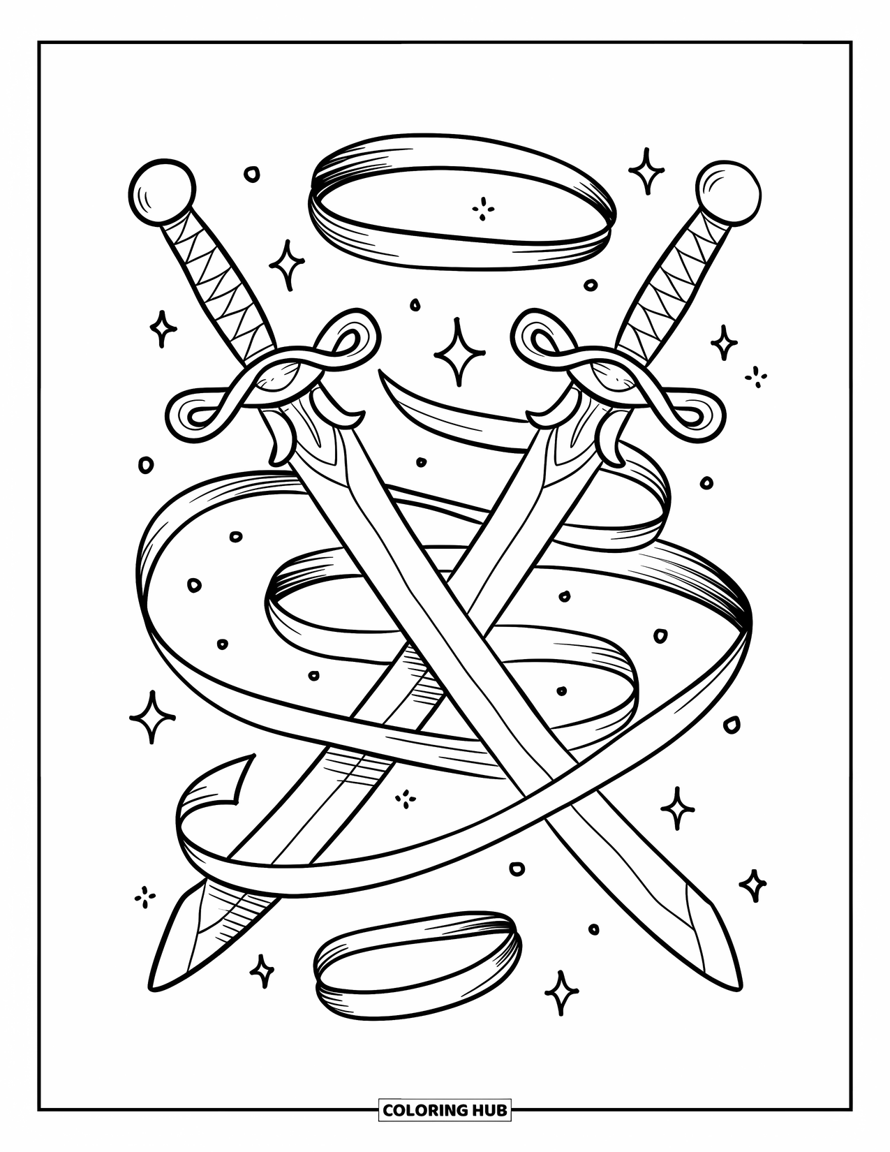 Sword Coloring Page for Adults: Magical chibi swords tied with tiny ribbons, surrounded by swirling sparkles and floating ribbons