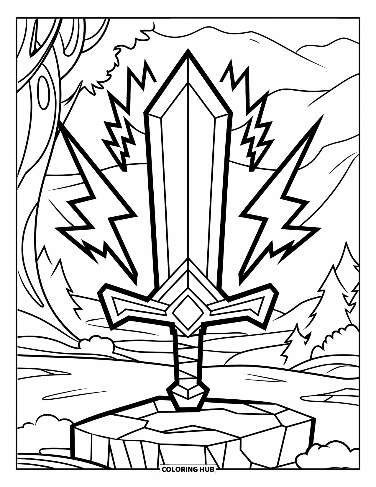 Sword Coloring Page for Kids: A battle sword embedded in a stone, with lightning and a scenic forested background