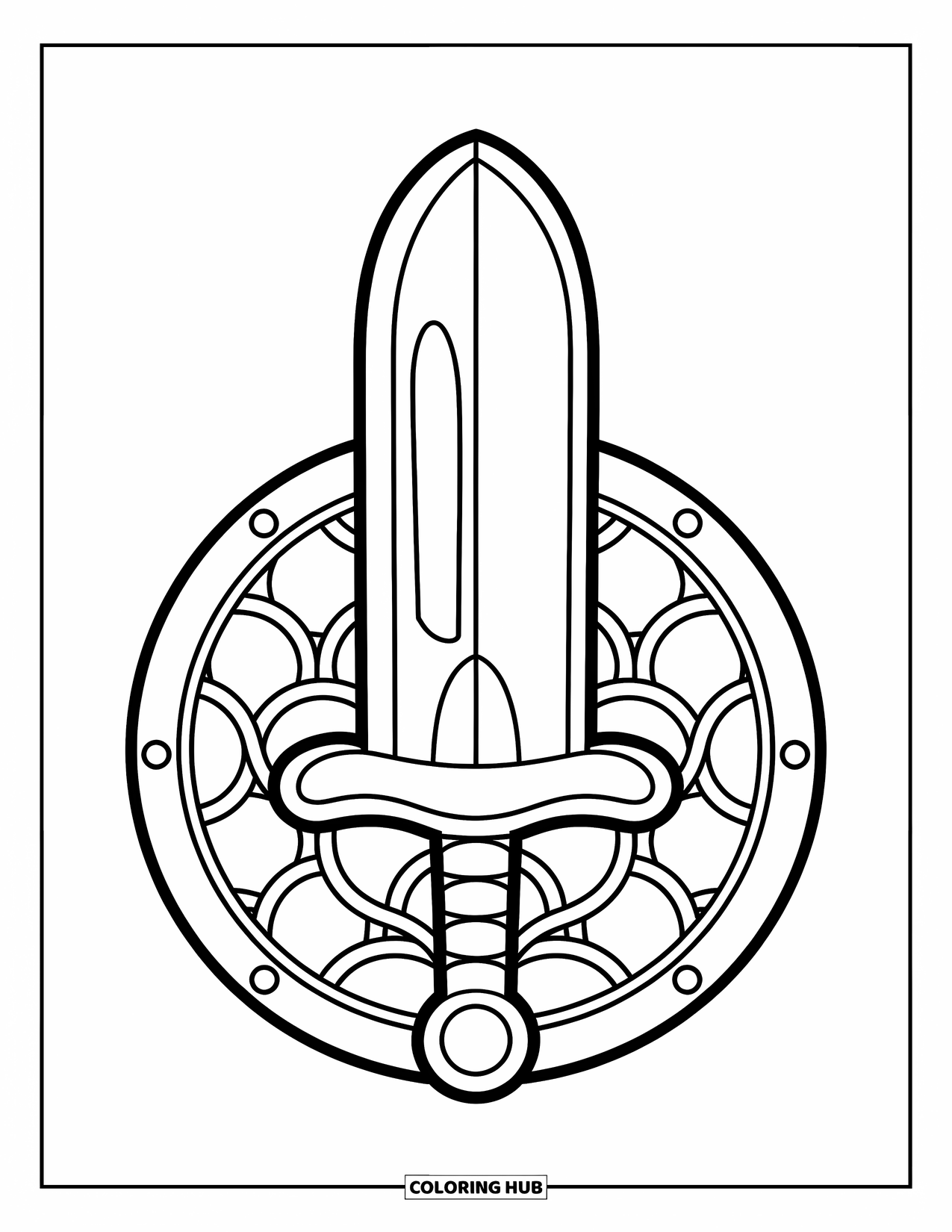 Sword Coloring Page for Kids: A big, friendly sword with a rounded blade leaning against a shield with interlocking circles