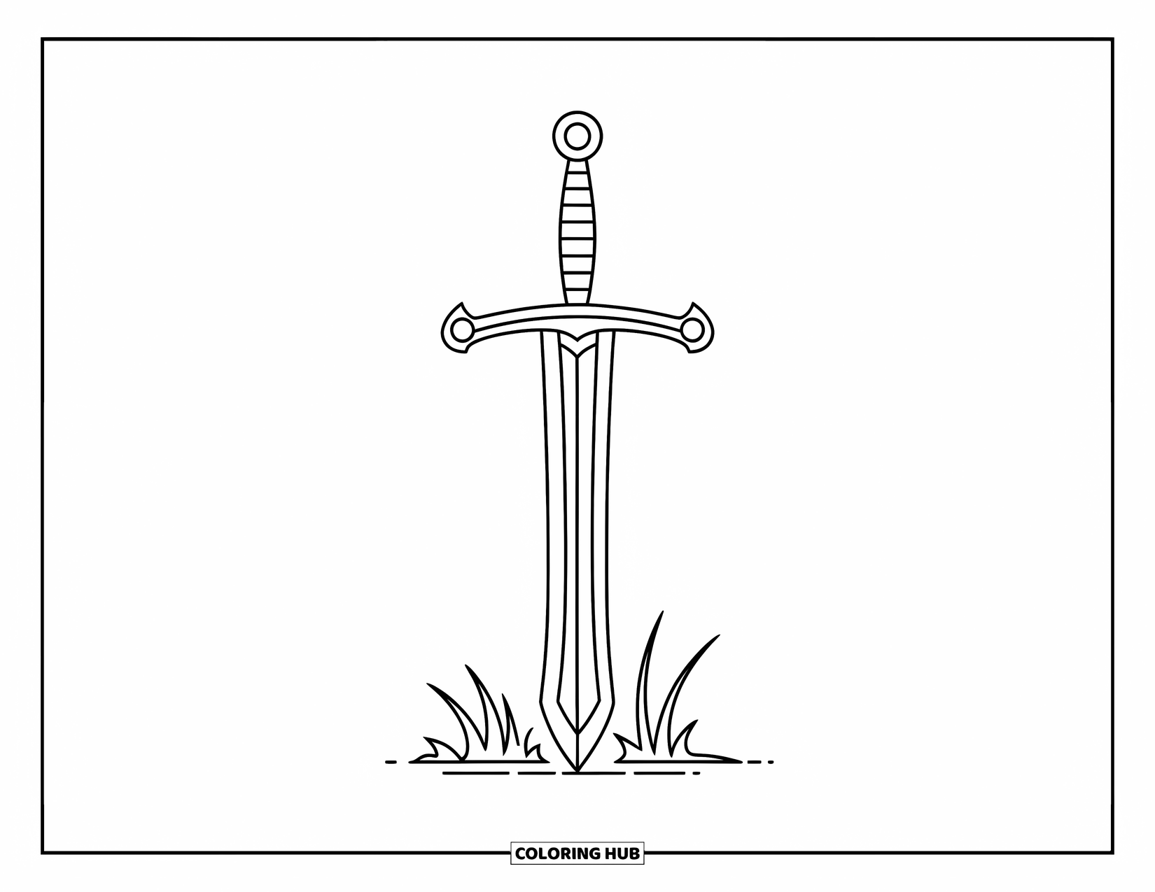 Sword Coloring Page for Kids: A broad knight's sword with a thick crossguard, set in a grassy area with a white background