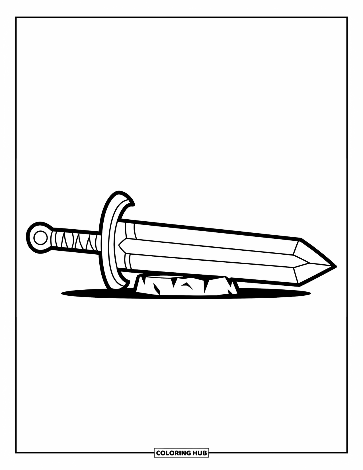 Sword Coloring Page for Kids: A cartoon-style sword resting on a stone base, drawn with thick, clean outlines