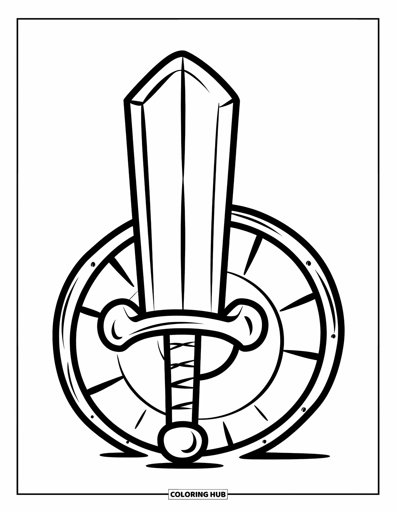 Sword Coloring Page for Kids: A cheerful sword with a rounded blade resting on the ground, with a shield leaning behind it