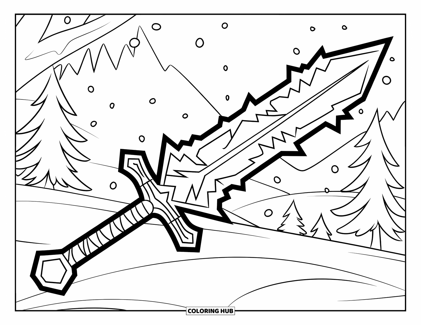 Sword Coloring Page for Kids: A detailed ice sword floating in a snowy landscape with mountains and trees