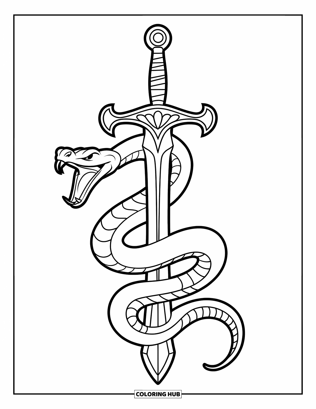 Sword Coloring Page for Kids: A detailed serpent-wrapped sword with an open-mouthed snake and a bold, intricate hilt