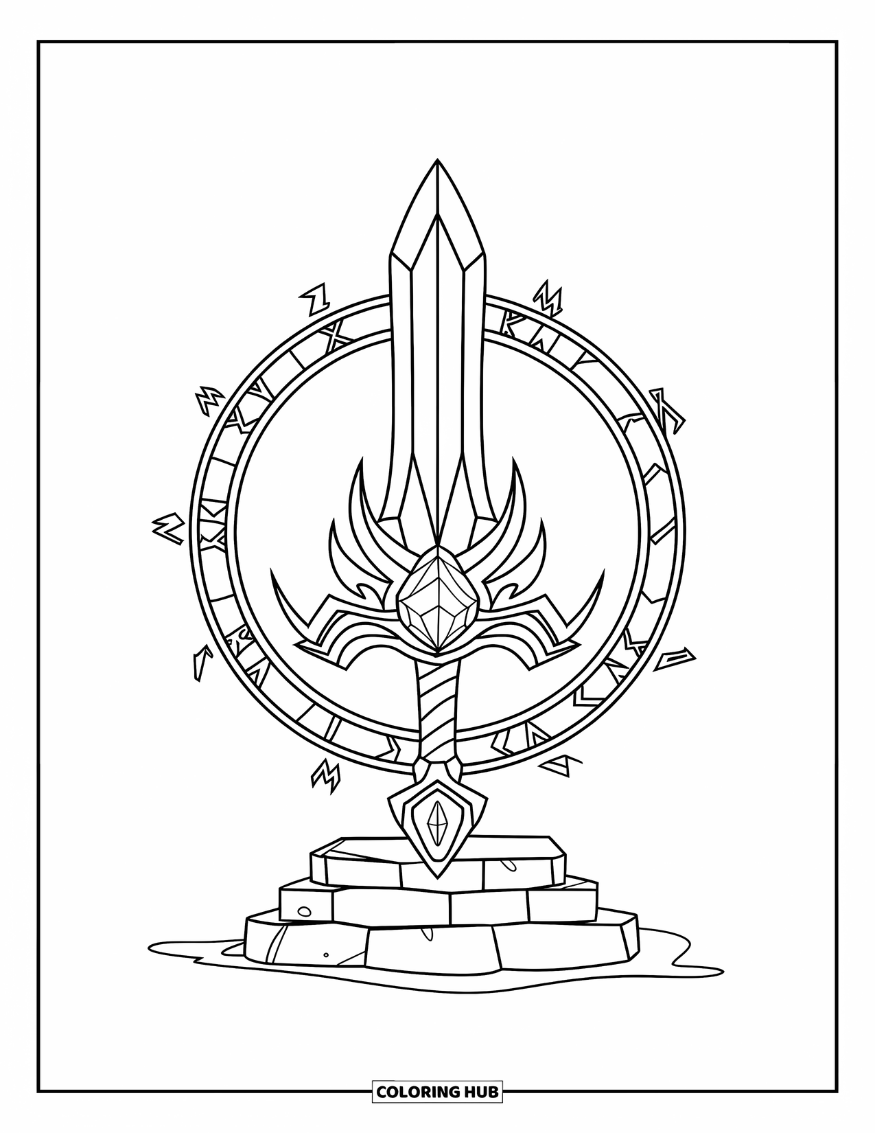 Sword Coloring Page for Kids: A fantasy sword with a glowing gemstone and runes, placed on a stone pedestal