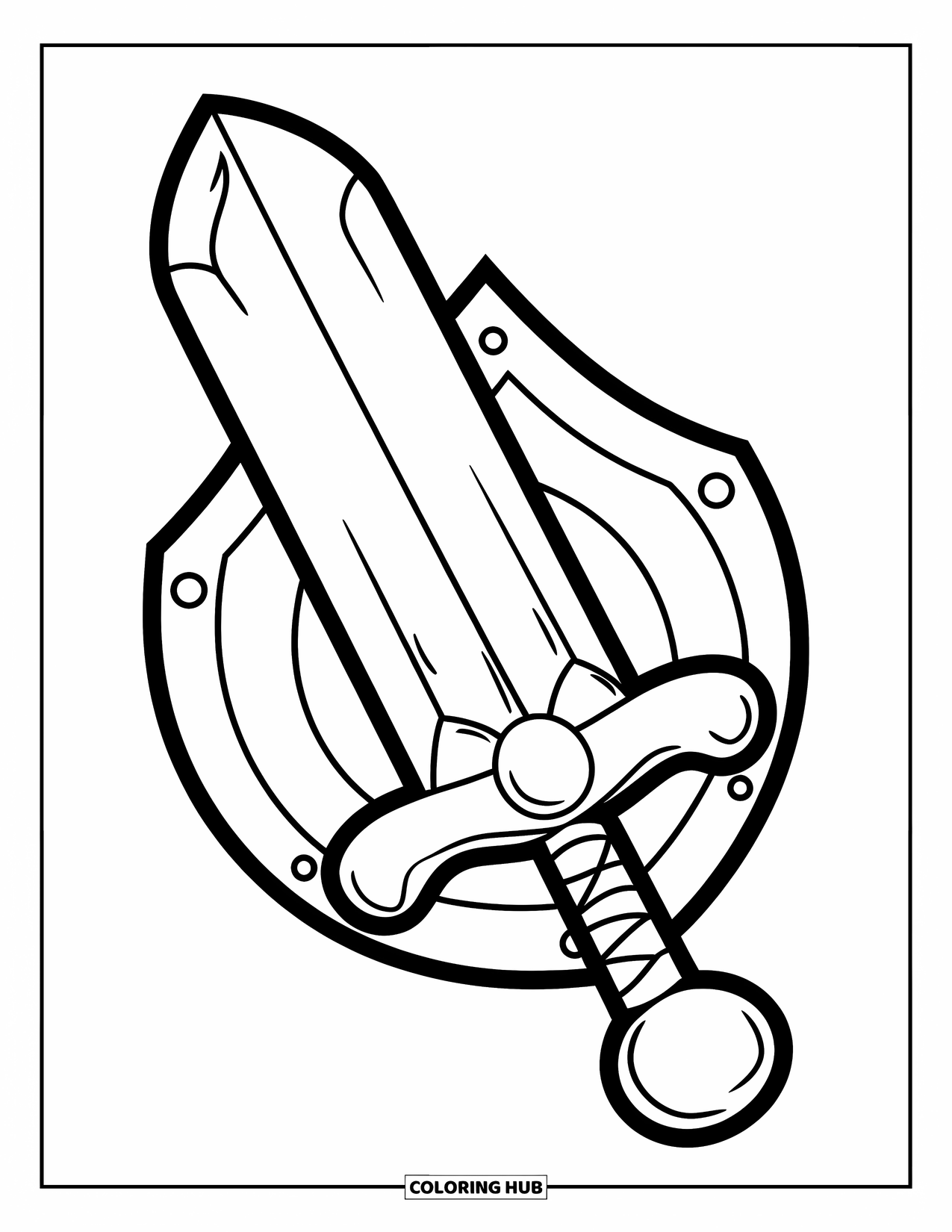 Sword Coloring Page for Kids: A friendly, rounded sword standing in front of a shield, designed with a playful and cheerful style