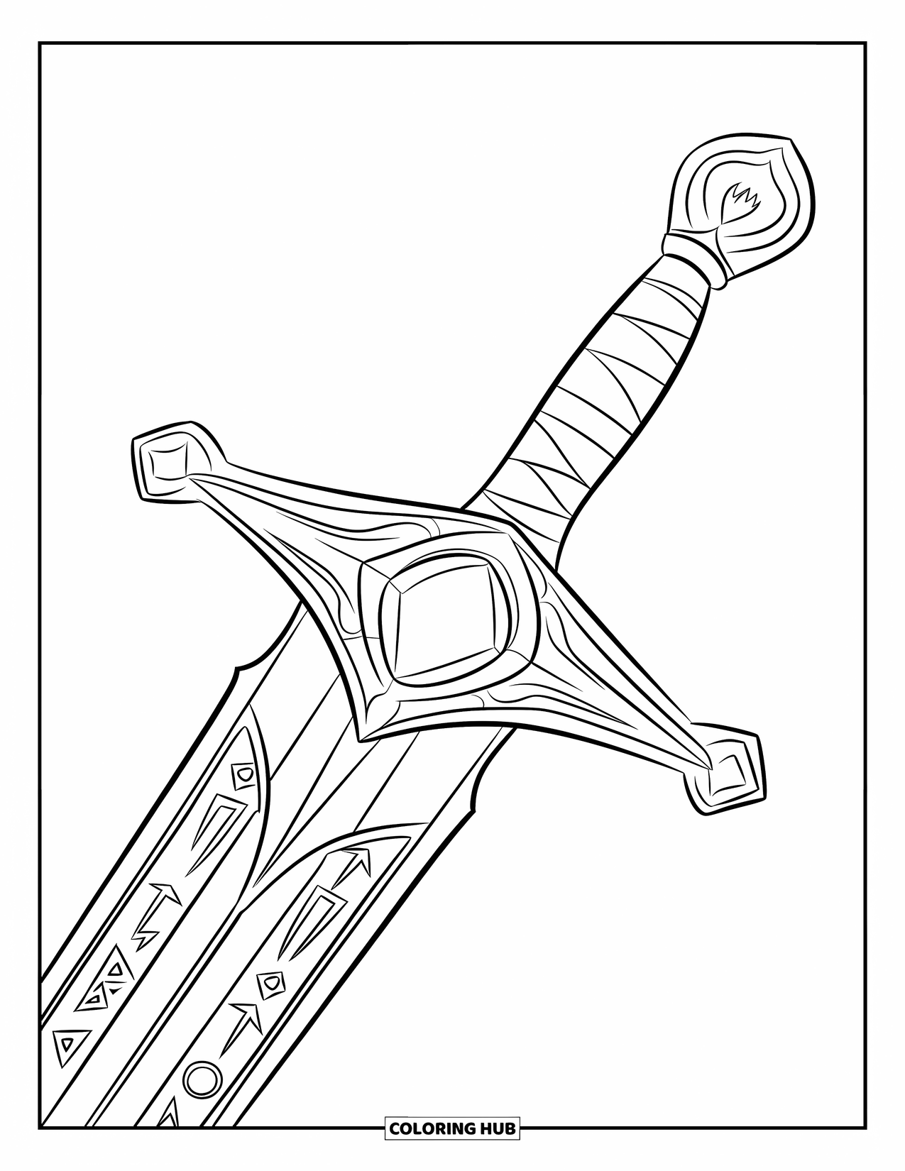 Sword Coloring Page for Kids: A glowing sword with intricate runes, floating in a white void, designed for coloring