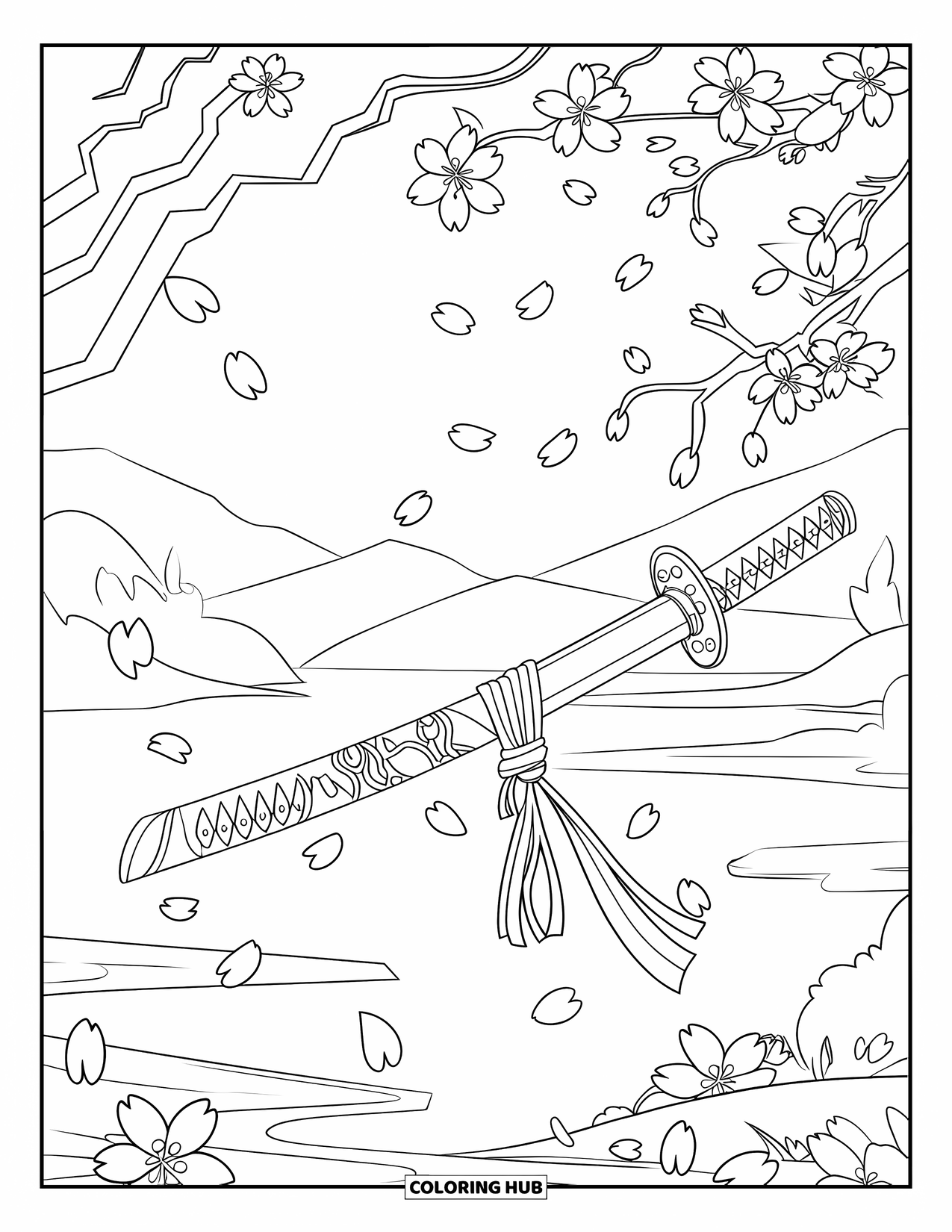 Sword Coloring Page for Kids: A katana hanging from a tree branch, with cherry blossoms and mountains in the background