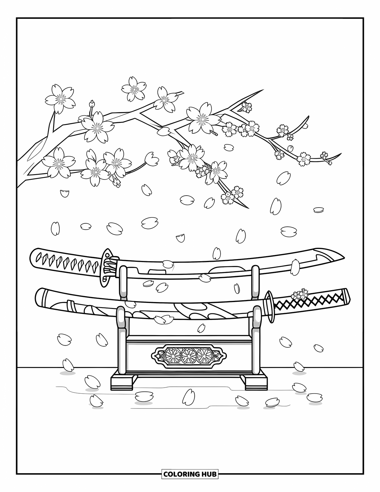 Sword Coloring Page for Kids: A katana placed on a wooden stand, with cherry blossoms gently floating around