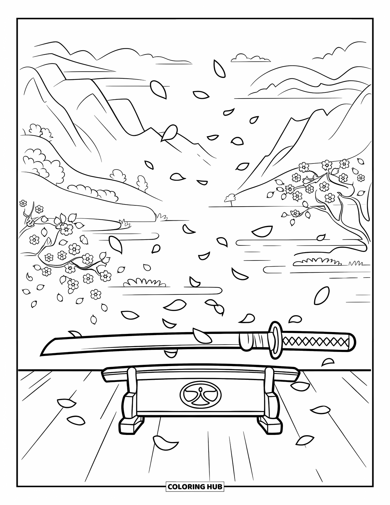 Sword Coloring Page for Kids: A katana resting on a wooden stand, surrounded by floating cherry blossom petals