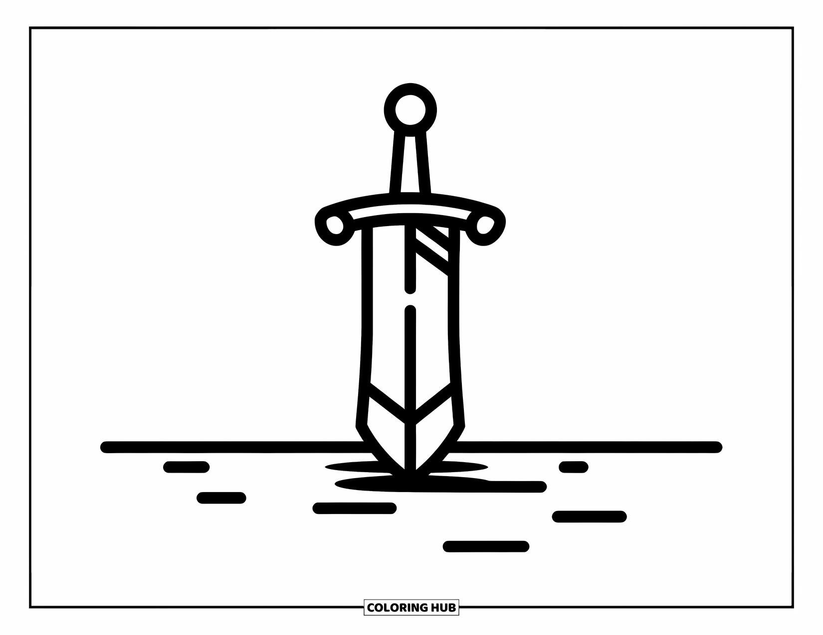 Sword Coloring Page for Kids: A knight's sword standing upright in the ground, with a thick, bold design for preschoolers