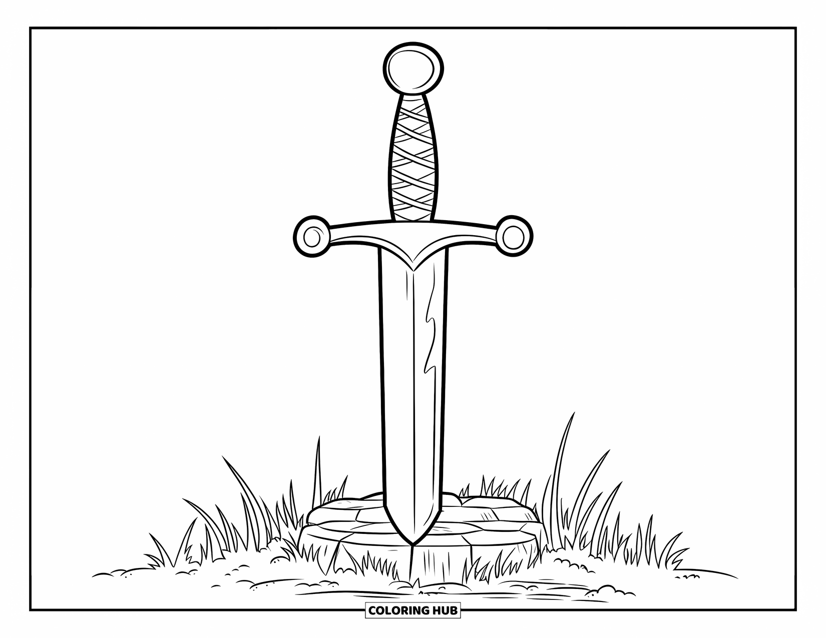 Sword Coloring Page for Kids: A knight's sword with a round pommel, embedded in a stone base surrounded by grass