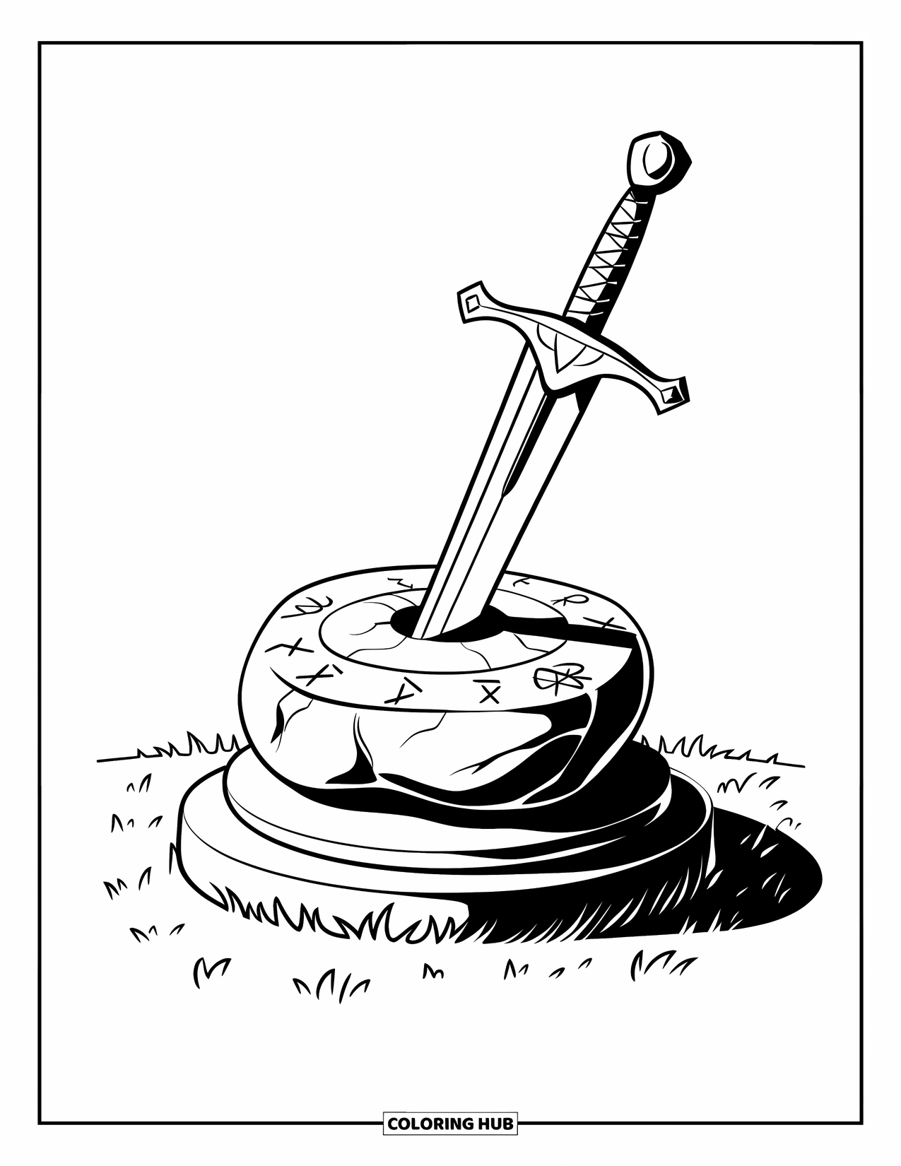 Sword Coloring Page for Kids: A legendary sword in an enchanted stone, placed on a pedestal with grass below