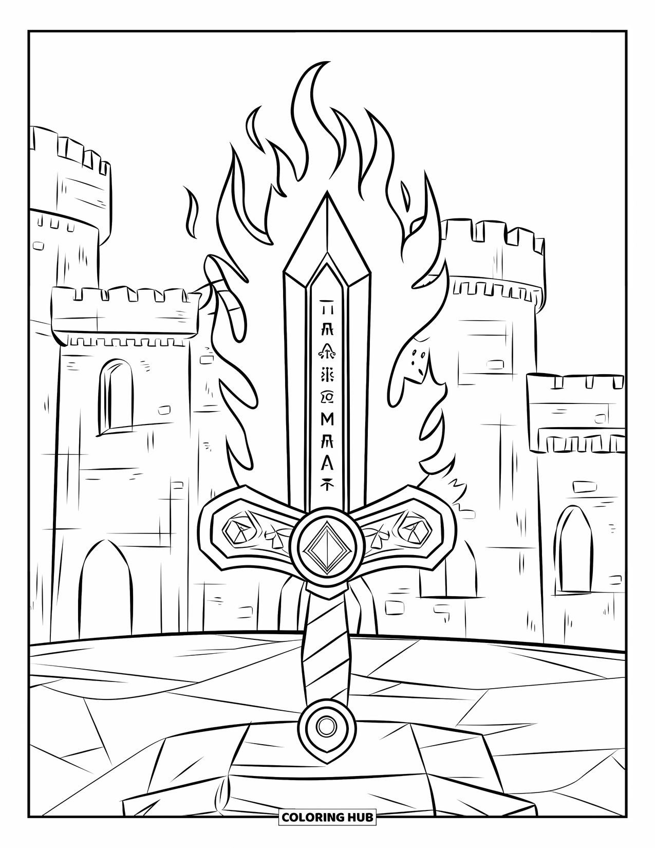 Sword Coloring Page for Kids: A legendary sword with a flaming blade and ancient inscriptions, placed on a stone pedestal