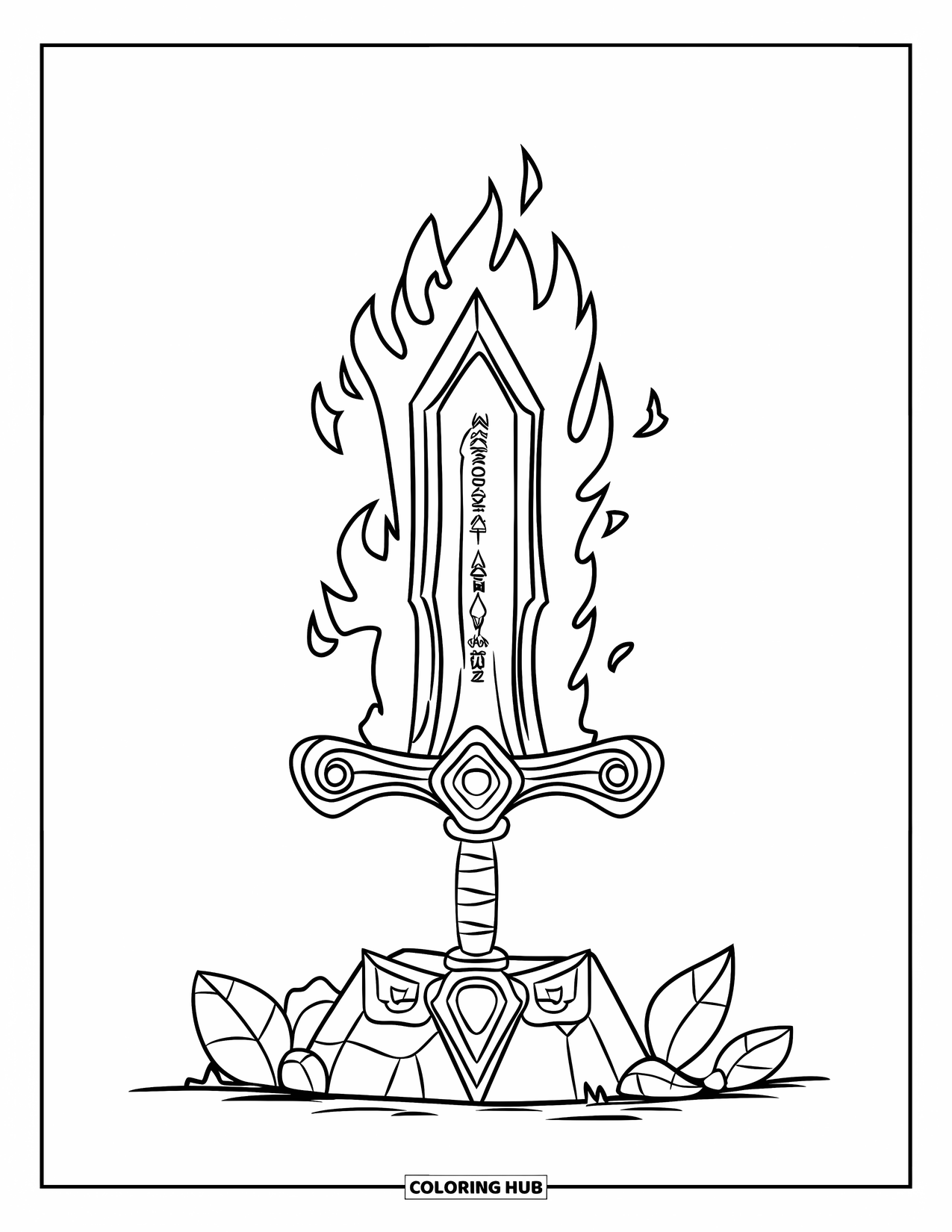 Sword Coloring Page for Kids: A legendary sword with a flaming blade and ancient inscriptions, resting on a stone with leaves