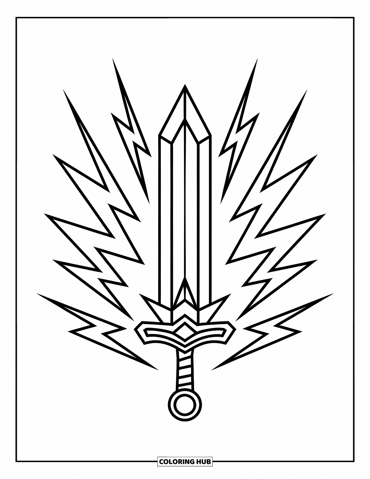 Sword Coloring Page for Kids: A lightning-charged battle sword with a jewel in the hilt, designed for grade schoolers
