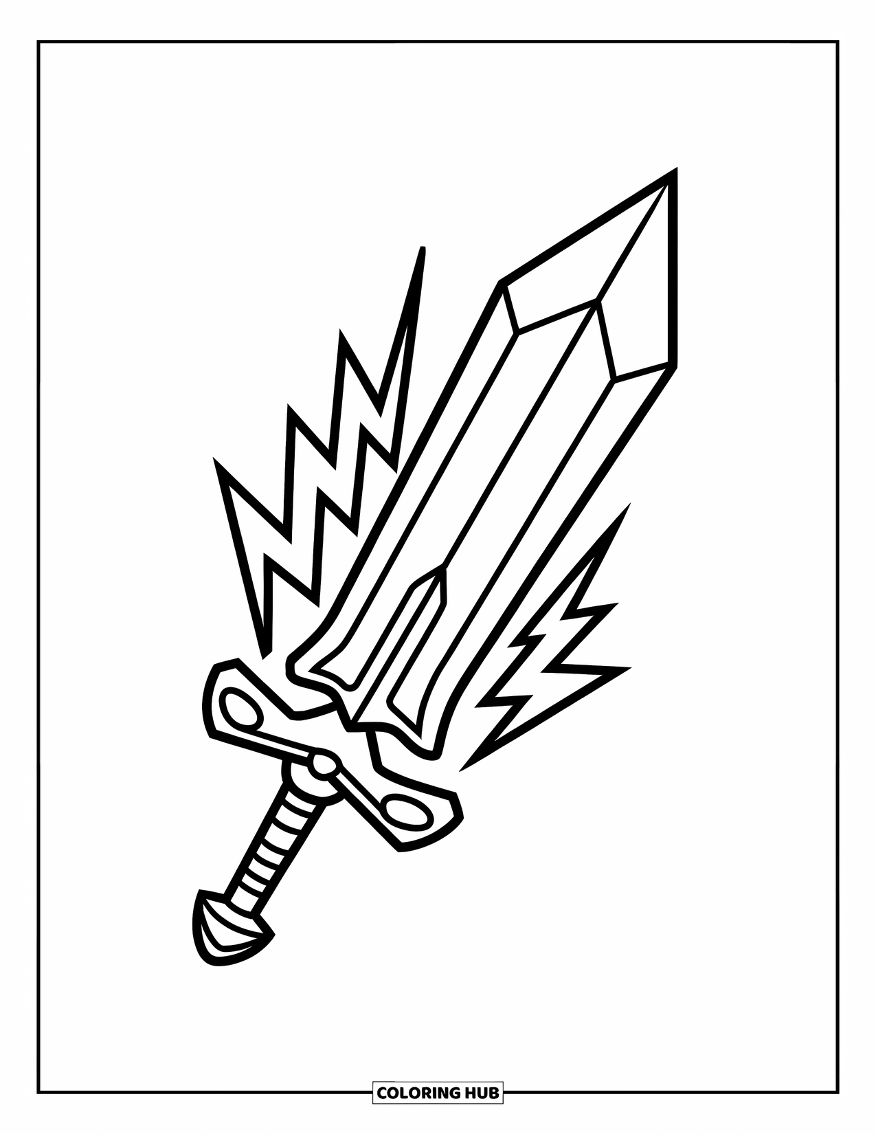 Sword Coloring Page for Kids: A magical battle sword surrounded by lightning bolts, glowing with energy