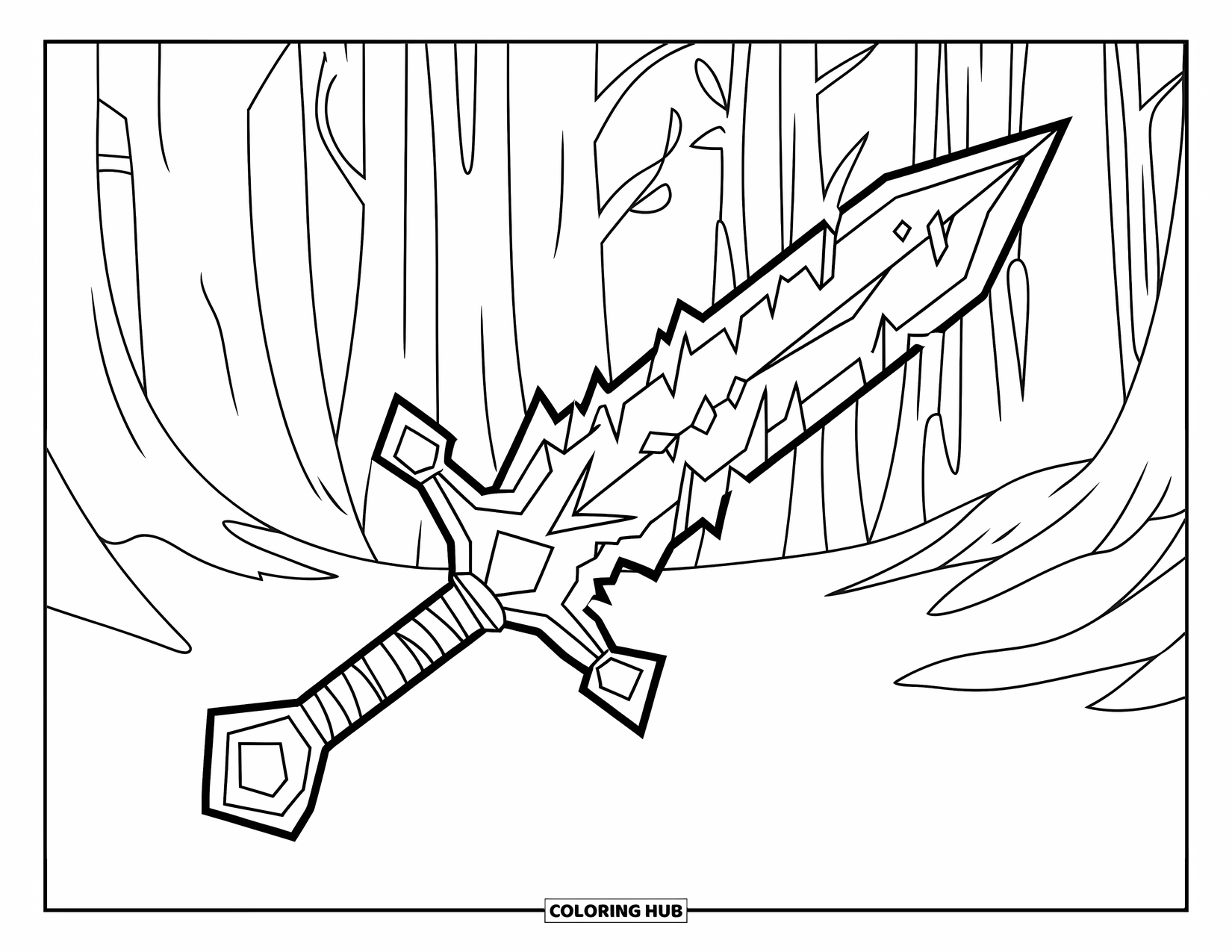 Sword Coloring Page for Kids: A magical ice sword covered in frost, floating in a mystical forest with tall trees
